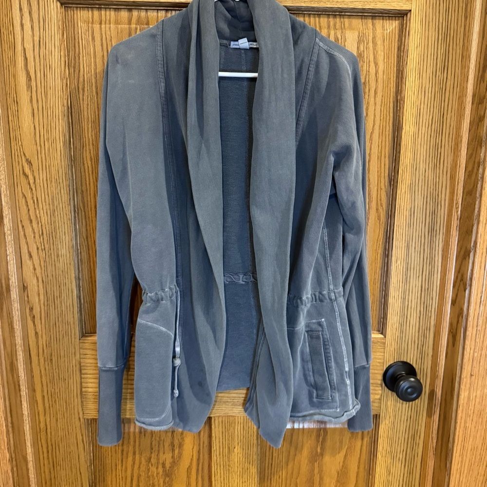 James Perse Shawl Collar Drawstring Gray Mineral Wash Cardigan. Large